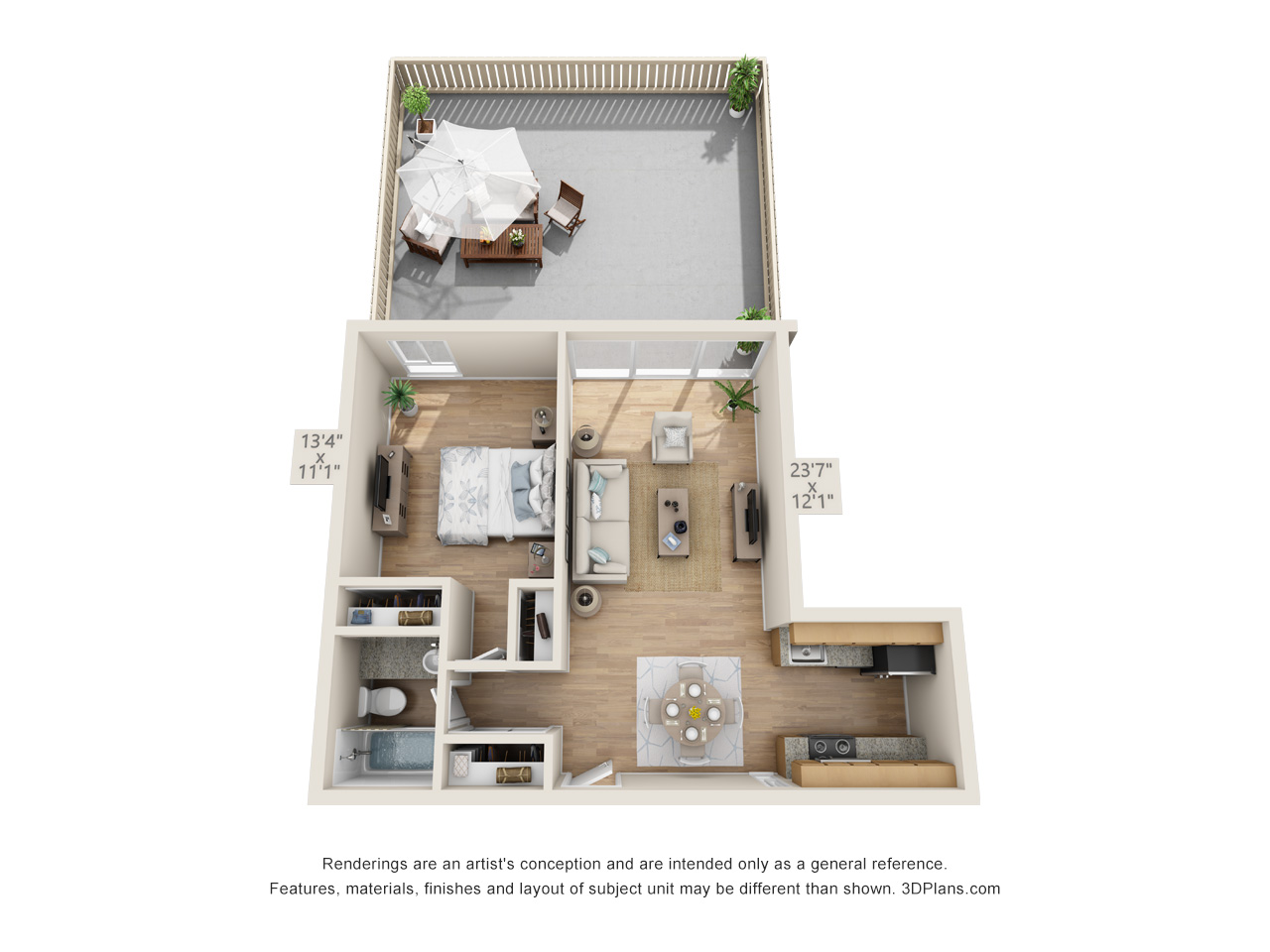 Floor plan for 1 bed, 1 bath, 650 sqft